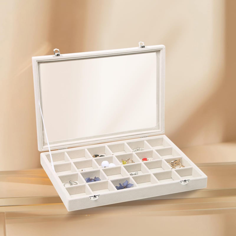 Stratalife Jewelry Organizer Jewelry Tray with Lid See-through Display Showcase Large Earring Organizer Velvet Storage Box for Earring Necklace Rings Dice Beige (24 Grids) - Image 5